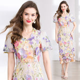 Summer Banquet Famous Wind V-Neck Bubble Sleeves Body-Brace Hip Three-Dimensional Flower Lace Dress 68HZ