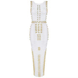 Heavy Industry Nail Pearl Dress Long Round-Neck Sleeveless Metal Buckle Beads After Opening Banquet Banding Dress 68HZ
