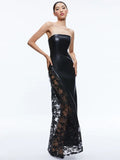 INS Solid Color PU Leather Fashion Temperament Body-Meared Lace Explosion Sexy Mid-Long Dress Dress Dress 68HZ