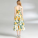 Suspension Dress 2024 Summer Vacation House Cotton Yellow Rose Print Big Swing Princess Fairy Mid-Long Dress 68HZ