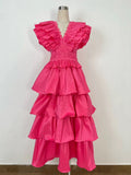 Spring And Summer 2024 New V-Neck Flying Sleeve Embroidery Splicing Wooden Ear Layer Mid-Long Dress Dress Australian Vacation 68HZ