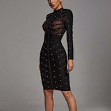 Women's Clothing Heavy Industry Nail Perspective Mesh Long-Sleeved Dress Banded Dress Burst 68HZ