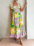 2025 New Fashion Lotus Leaf Side Sexy Word Collar Design Print Waist Slim Dress Dress Women Summer 68HZ
