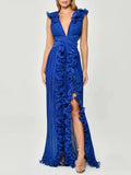 Solid-Color Open Fork Dress 2025 New Autumn V-Neck Wood Ear Design High-Waist Long Dress Woman 68HZ