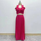 French Elegant Wind Two Sets 2025 New Chest Hanging Neck Loaf Side Top + High Waist Pressure Folded Skirt Dress 68HZ