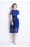 Vintage Court Style Temperament Short-Sleeved Round-Neck Waist Thin A-Word Hook Lace Dress Elegant Dress 68HZ