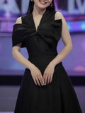 Vietnamese Niche Design Shoulder Bow Design Feel Dress To The Waist Of The Thin Swing Dress 100-Fold Dress Dress 68HZ