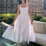 Summer Sexy Women's Broken Flowers Hanging Neck Dress Spring And Summer Women's High-End Feeling Body Out-Back Resort Style Long Skirt 68HZ