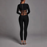 Black Long-Sleeved Round-Neck Two-Piece Set Mesh Yarn Hollow High-Waisted Trousers Burst Banding Dress Factory 68HZ