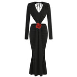 New Sexy V-Necked Long-Sleeved Dress Waist Decor Flower Open-Forked Pouse Dress Dress Dress Long 68HZ