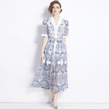 2024 Summer Collar Short-Sleeved Belt-Recely Blue Print Hollow Lace Retro Dress 68HZ