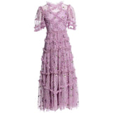 Round Collar Three-Dimensional Heavy Industry Embroidered Lotus Leaves Side Purple Dress Dress 2024 Summer New Women's Dress 68HZ