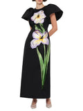 2025 Spring And Summer New Bubble Sleeves Waist Sticker Flower Embroidery Black Dress Women Fashion 68HZ