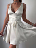 Dress Sexy Deep V Tie With Body-Caught White Short Dress Babes Sleeveless Dress Women's Pure Lust 68HZ