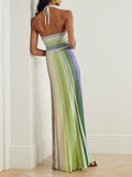 Bohemian Wind Hanging Neck Collar Dress 2025 New Niche Colliding Color Long Folding Dress Women's Summer 68HZ
