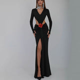 New Sexy V-Necked Long-Sleeved Dress Waist Decor Flower Open-Forked Pouse Dress Dress Dress Long 68HZ