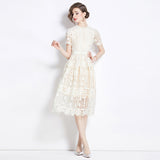 Vintage Court Style Temperament Short-Sleeved Round-Neck Waist Thin A-Word Hook Lace Dress Elegant Dress 68HZ