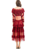 Vintage Round Collar Lotus Side Spliced Long Sleeve Elegant Lace Wine Red Dress Women's Autumn New 2025 68HZ