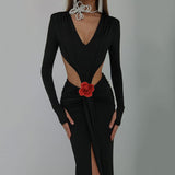 New Sexy V-Necked Long-Sleeved Dress Waist Decor Flower Open-Forked Pouse Dress Dress Dress Long 68HZ