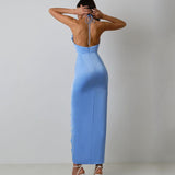 New High-End Sexy Hanging Neck Dress Irregular Opening Dress Long Model 68HZ