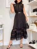 French Famous Wind Dress Woman 2025 Spring New Embroidery Splicing Hollow Waist Thin Dress 68HZ
