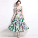 2024 Summer New Women's Retro Sleeveless Short-Wrapped Breast Sling + Printed High-Rise Half-Dress Two Sets 68HZ