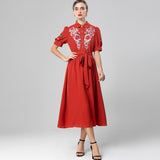 Heavy Industry Embroidered Flower Lily Collar Short Sleeve Tie Tight Waist High Dress Station Spring And Summer Woman 2025 68HZ