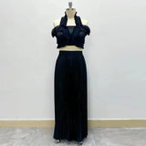 French Elegant Wind Two Sets 2025 New Chest Hanging Neck Loaf Side Top + High Waist Pressure Folded Skirt Dress 68HZ
