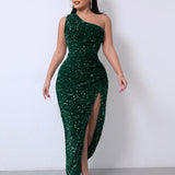 Direct Selling New Women's Clothing 2025 Spring Fashion Squin Single-Sleeve-Less Open-Fork Dress Solid Color 68HZ