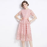 Vintage Court Style Temperament Short-Sleeved Round-Neck Waist Thin A-Word Hook Lace Dress Elegant Dress 68HZ