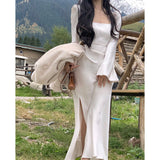 Celebrative Dinner Dress Dress French Style Collar Shoulder-Sing-Sing Dress Girl First Love Long Sleeve Gentle Open Fork Long Dress 68HZ