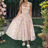 Summer Sexy Women's Broken Flowers Hanging Neck Dress Spring And Summer Women's High-End Feeling Body Out-Back Resort Style Long Skirt 68HZ