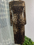Leopard Print Long-Sleeved Silk-Covered Ass Skinny Sexy Open-Fork Pencil Dress Autumn Women's Dress New 2025 68HZ