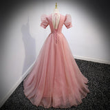 Fashion Evening Dress Dress Female Solid Color Host V Lead French Princess Vocal Art Test Solo Performance Dress Pink 68HZ