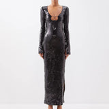 Fashion High-End Women's Sexy Leash V-Neck Horn Sleeve Dress Under The Fork Dress Dress 68HZ