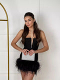 High-Quality Shoulder-To-Shoulder-In-Word Collar V-Bode Ostriches Woolen And-Bobow-Bow-Bowded Dress Bandage Dress 68HZ