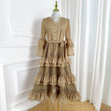 French Retro Court Hollow Lace Splicing Horn Sleeve Dress Female Waist Temperament Over Knee Cake Long Skirt 68HZ
