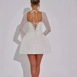 High-Level Sleeves Long-Sleeved A-Dress Women's Winter New Sexy Bare Back Strapped With Bows Sweet And Spicy Skirt 68HZ