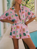 Fashion Temperament Two-Piece Set 2025 New Design Print Set Short-Sleeved Shirt Top + Casual Shorts Women 68HZ