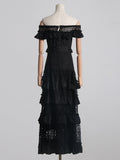 One-Word Shoulder-To-Shoulder-Backed T-Shirt Dress Woman 2025 Spring New Fashion Fashion Splicing Lace Waist Long Skirt 68HZ