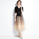 Black Dress Famous Temperament Thin Fake Two Suit Mesh Splicing Long Skirt 68HZ