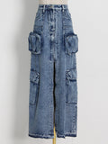 High Street Wind 2025 Summer New High-Waist Long Straight Before The Open Design Denim Pure Color Female Skirt 68HZ