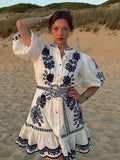 Art Style Single Row Buckle Bubble Sleeve Skirt 2025 New Retro Embroidery Sketch Design Short Dress Women's Summer 68HZ
