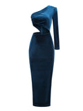 Women's Slanted Shoulder Long-Sleeved Velvet Fashion Sexy Body Fork Sexy Bag Hip Dress 68HZ