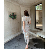 Summer Design Feel Rice White Heavy Lace Short Sleeve V-Neck Dress High Waist Repair Paper Pencil Dress 68HZ