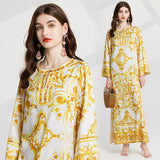 Vintage Blue And White Porcelain Printed Dress Women Summer Seaside Beach Dress Loose Meat Cover Sunscreen Open Fork Dress 68HZ