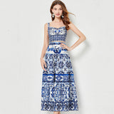 Summer Blue And White Porcelain Printing Spliced Three-Dimensional Breast Sling Sling Sling Belt + Half-Dress Two-Set Female (With Chest Cushions) 68HZ