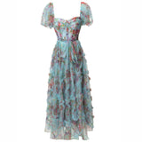 Sexy Square Collar Bubble Sleeves To Collect Waist Long Print Lotus Leaf Side Blue Dress Summer Women's New 2024 68HZ