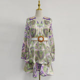 Bohemian Wind Print Lotus Leaf-Side Dress 2025 Summer New V-Neck Lantern Sleeves To Close The Waist Thin Skirt Woman 68HZ