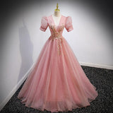Fashion Evening Dress Dress Female Solid Color Host V Lead French Princess Vocal Art Test Solo Performance Dress Pink 68HZ